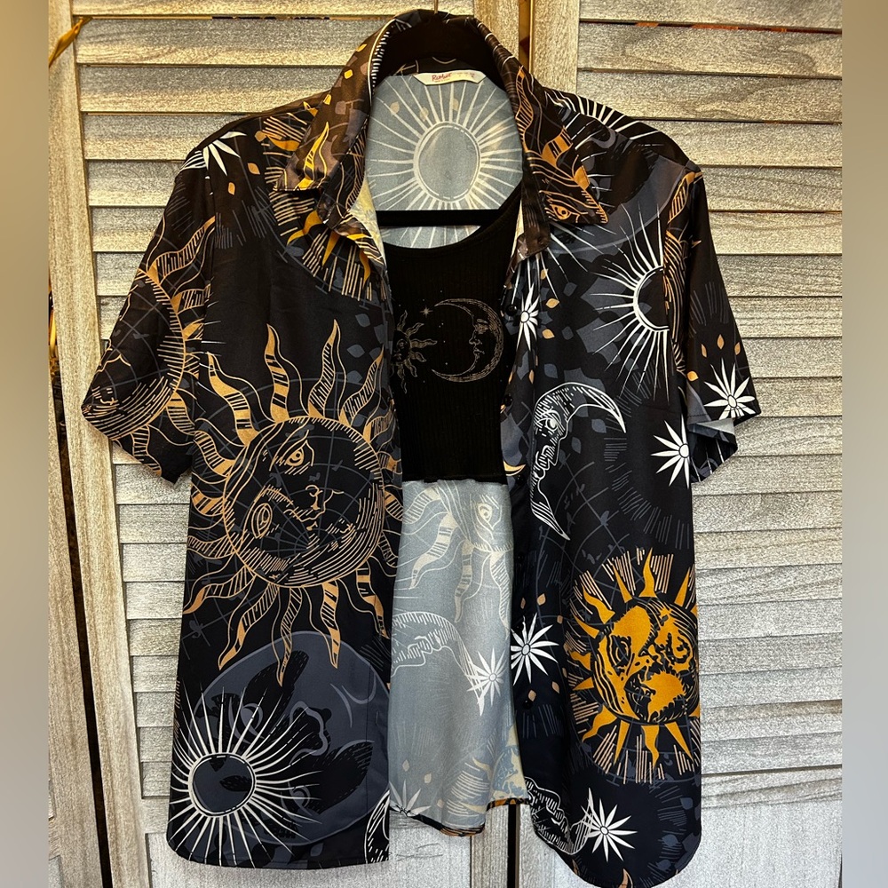 ROMWE Cosmic Button Down Short Sleeve Shirt Blouse & Cropped Tank Top Set Small